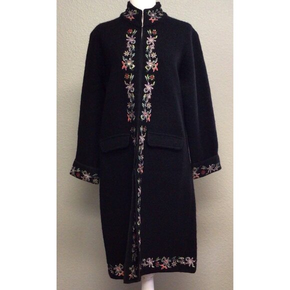 Kenar Black Embroidered Long Cardigan Long Sleeve Wool Size Large Hook And Eye - Picture 1 of 11